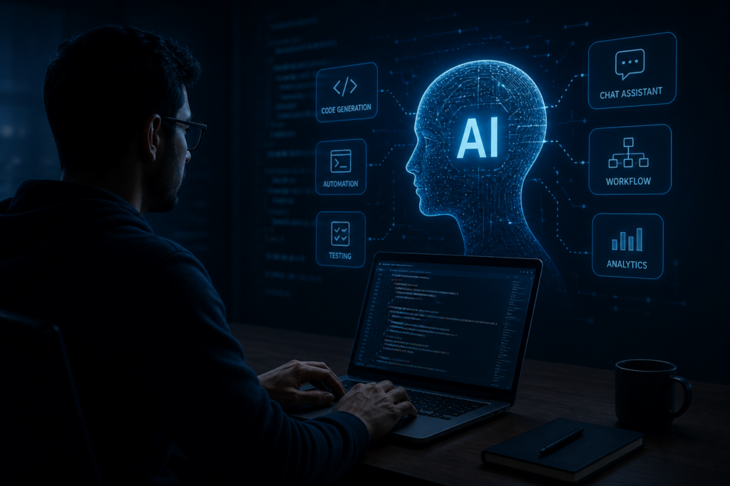 developer working with AI hologram dark minimal